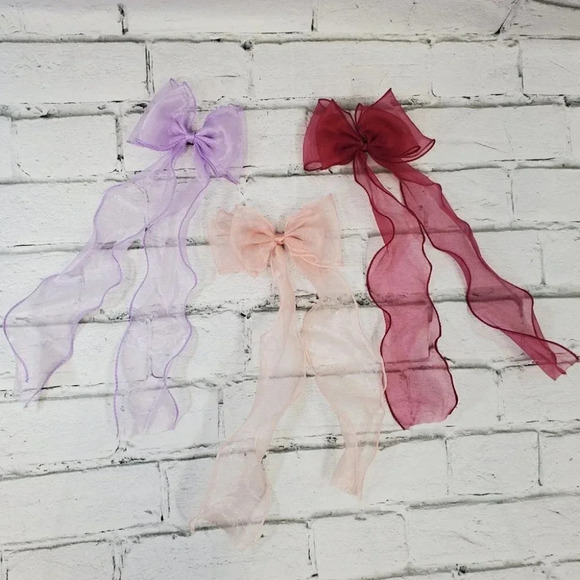 Maroon Red Little Girls Clip In Hair Bows with Long Braidable trails Girls - Picture 6 of 6